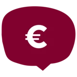 Rote Sprechblase mit weißem Eurozeichen.