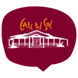 Rote Sprechblase mit der in weiß dargestellten Cafe Del Sol Villa. Darüber in orange der Schriftzug Cafe Del Sol.